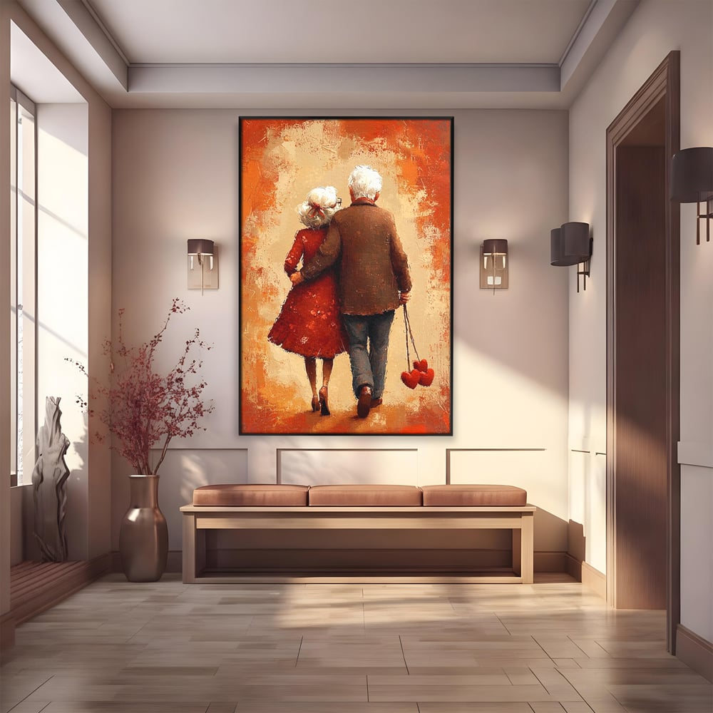 Tablou canvas cu pictura cu un cuplu in varsta imbratisat, in rama de aluminiu negru